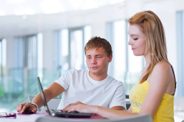 Two College Students Having Fun Studying Together Using Computer University — Stockfoto