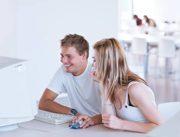 Two College Students Having Fun Studying Together Using Computer University — Stockfoto
