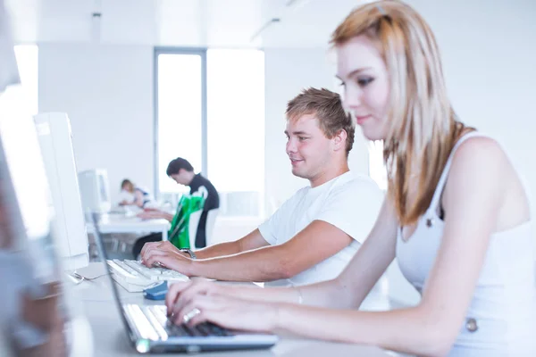 Two College Students Having Fun Studying Together Using Computer University — ストック写真