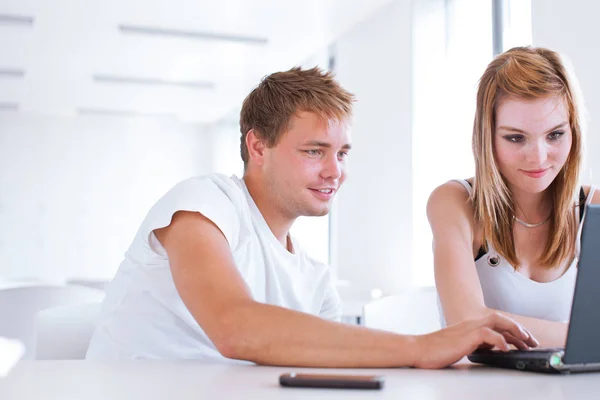 Two College Students Having Fun Studying Together Using Computer University — Stockfoto