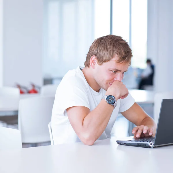 handsome college student with laptop computer in university library/study room (shallow DOF