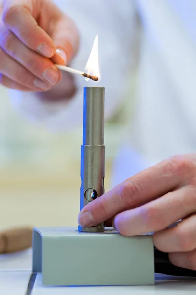 Pretty Female Researcher Chemistry Student Lighting Burner Lab Color Toned — Φωτογραφία Αρχείου