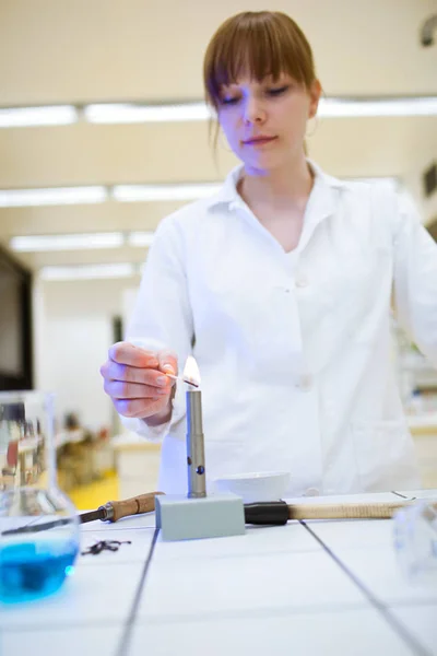 Pretty Female Researcher Chemistry Student Lighting Burner Lab Color Toned — Stockfoto