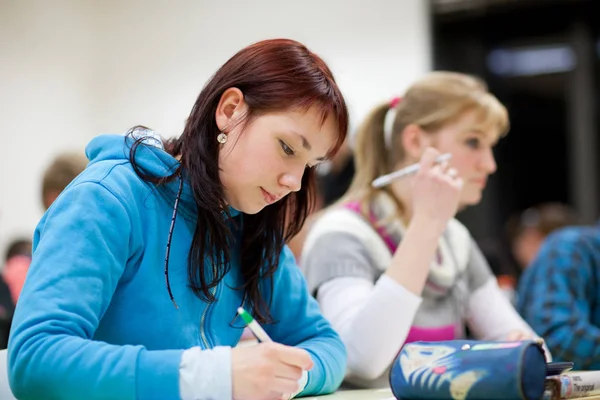 Pretty Female College Student Sitting Classroom Full Students Class Shallow — Stock Photo, Image