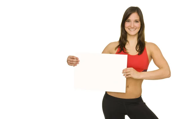 Young Woman Holding Blank Billboard — Stock Photo, Image