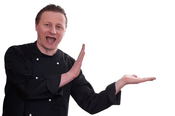 Muž Jako Kuchař Legrační Když Směje Drží Ruce — Stock fotografie