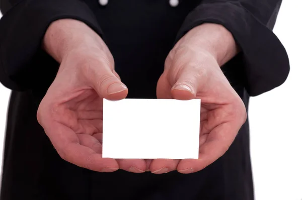 Chef Segurando Com Duas Mãos Cartão Visita Branco Para Frente — Fotografia de Stock