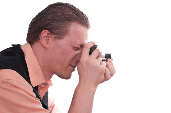 Fotógrafo Masculino Fotografado Segurando Uma Câmera Suas Mãos — Fotografia de Stock