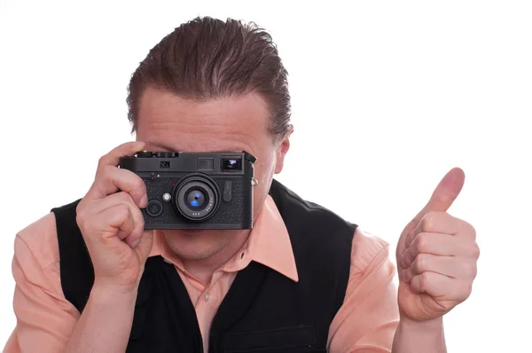 Fotógrafo Masculino Segura Seu Polegar Para Cima — Fotografia de Stock