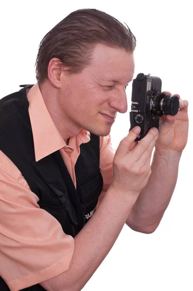 Mužský Fotograf Podívá Kamerou Upraví Vzdálenost — Stock fotografie