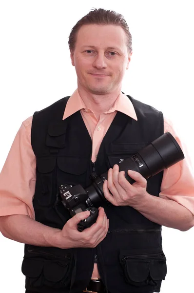 Een Lachende Fotograaf Met Een Digitale Slr Camera Een Telelens — Stockfoto