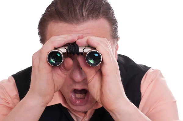 Observador Masculino Parece Sorprendido Por Par Prismáticos —  Fotos de Stock