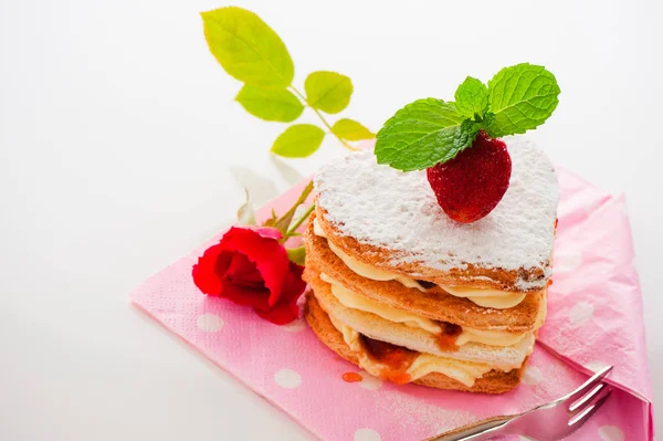 Beautiful Decorated Cake Heart Strawberry White Background Studio Shot — Stock Photo, Image