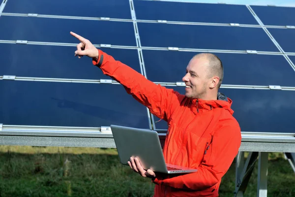 Business Man Engineer Using Laptop Solar Panels Plant Eco Energy Stock Image