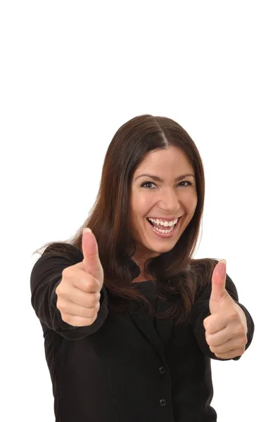 Cheerful Pretty Woman Raises Two Thumbs — Stock Photo, Image