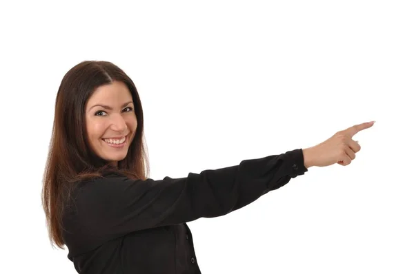 Fröhliche Frau Zeigt Mit Dem Finger Auf Einen Zettel — Stockfoto
