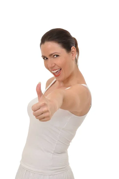 親指を立てて白い上の幸せな女性 — ストック写真