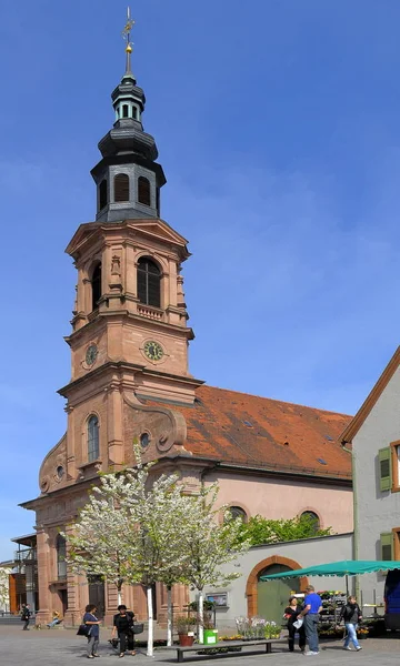 Schwetzingen Jaře Schwetzingen Centrum Města Pěší Zóna Jaře Kostel Evangelický — Stock fotografie