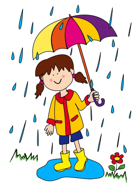 Cute Little Girl Cartoon Character Enjoying Playing Rain Her Umbrella — Stock Photo, Image