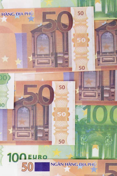 Geld Achtergrond Gemaakt Van Vijftig Honderd Eurobiljetten Europees Valutaconcept — Stockfoto