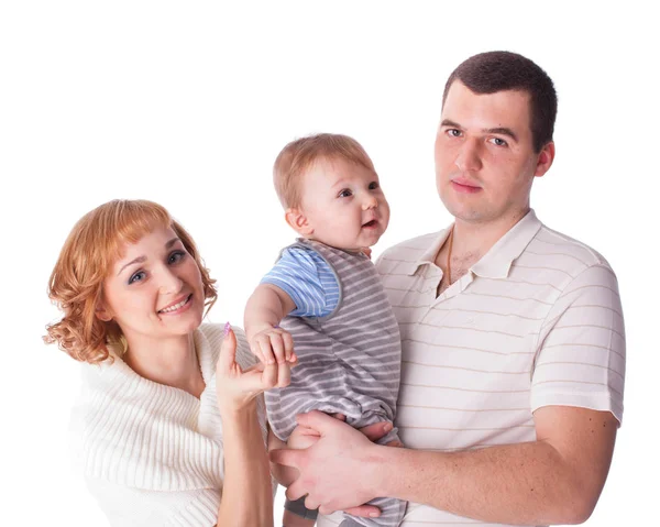 Fiatal Szülők Édes Kisbabával Fehér Háttérrel Boldog Család — Stock Fotó