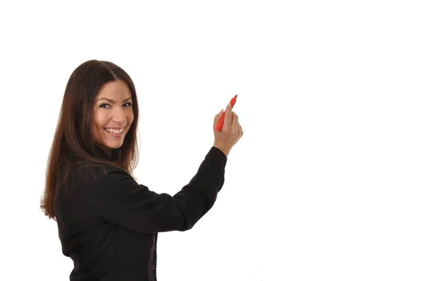 Smiling Woman Writing Red Pen Stock Photo