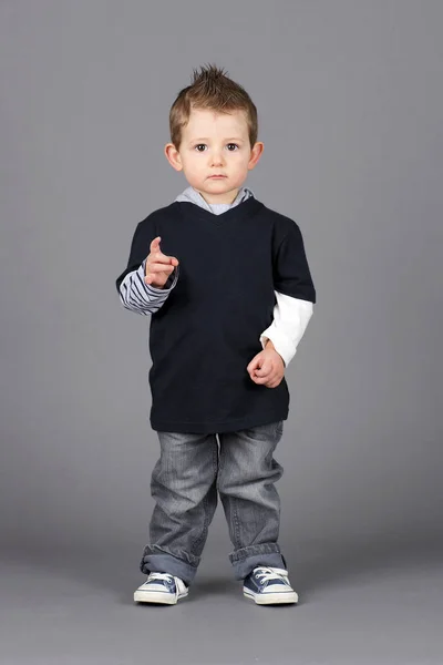 Cute Hip Little Toddler Boy Pointing Camera Serious Look His Stock Photo