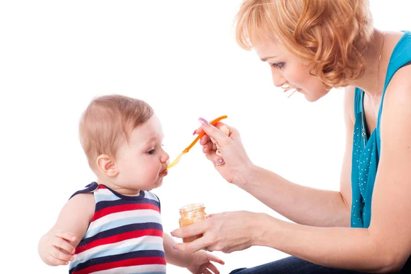 Young Mother Feeds Her Baby White Background Happy Family Stock Picture