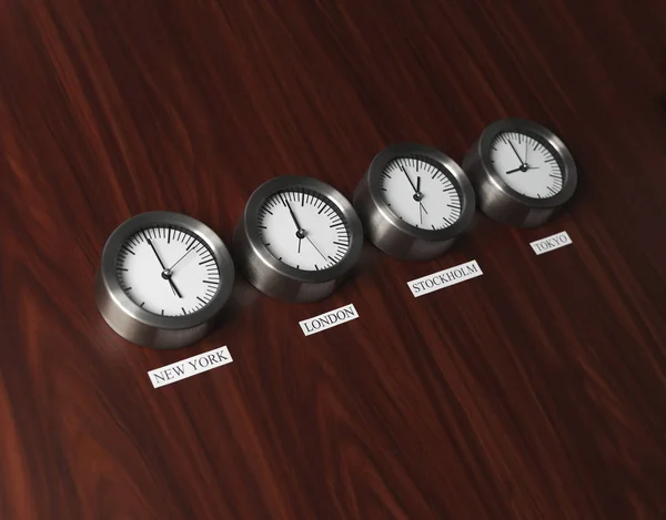 Quatro Relógios Com Tempo Diferente Fundo Teca — Fotografia de Stock