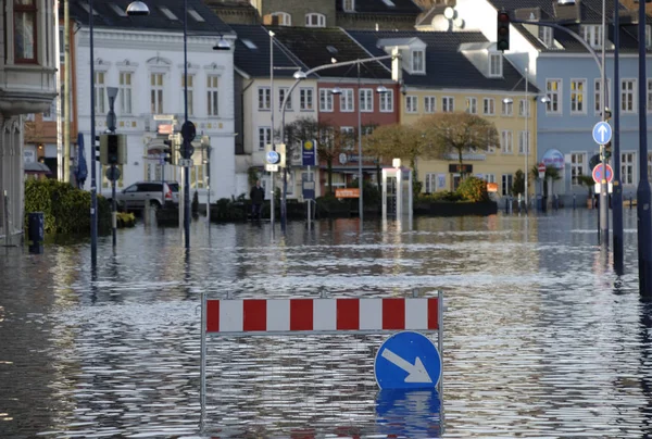 Strassensperre Hochwasser Bem 2012 Flensburg Schleswig Holstein Alemanha — Fotografia de Stock