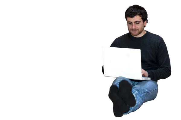 Young Man Sitting Floor Cross Legged Laptop — Stock Photo, Image