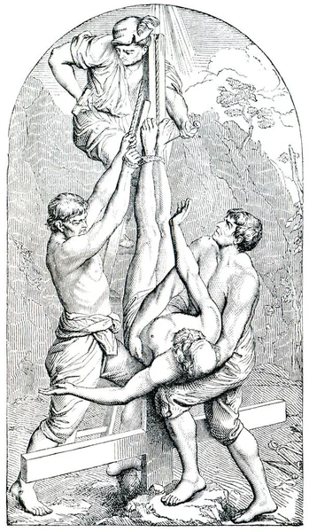 Grabado Antiguo Crucifixión San Pedro Libro Historia Religión Cristiana 1880 — Foto de Stock