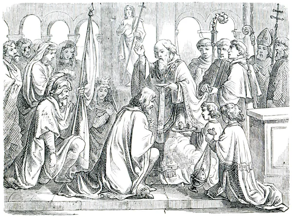 古い彫刻 聖レミギウスはクロヴィス1世を洗礼する キリスト教宗教史 1880年 — ストック写真