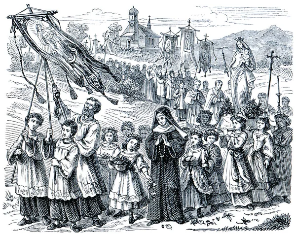 Stare Ryciny Pokazuje Ucztę Dziewicy Książka Historia Kościoła 1880 — Zdjęcie stockowe