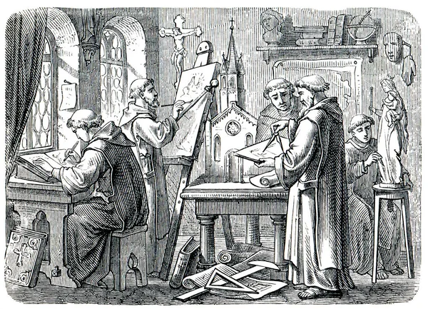 Staré Rytiny Zobrazuje Mnichy Při Práci Kniha Dějiny Církve 1880 — Stock fotografie