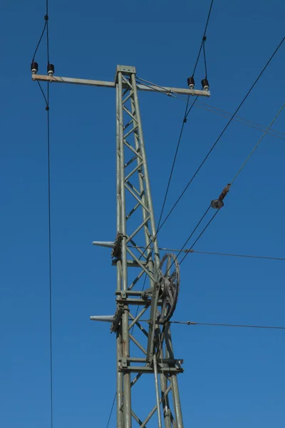 Electric Power Lines Background Blue Sky — Stock Photo, Image