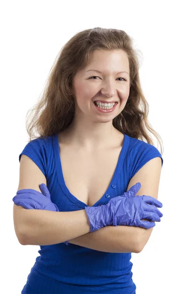 Mujer Sonriente Con Las Manos Con Guantes Azules —  Fotos de Stock