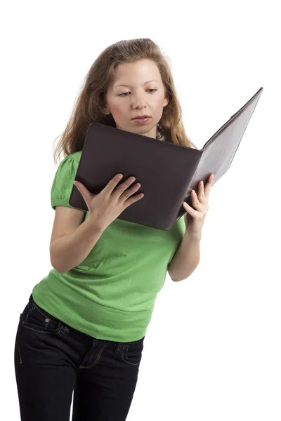 Standing Young Woman Reading File — Stock Photo, Image