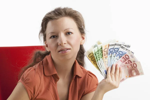 Frau Mit Papiergeldfächer Der Hand — Stockfoto