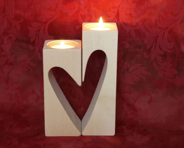 Wooden Heart Candles Stock Photo