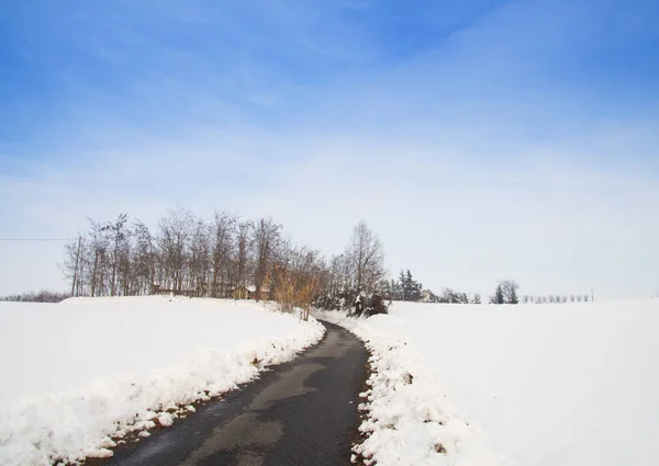 Snowy Landscape Road Little Wood — Stock Photo, Image