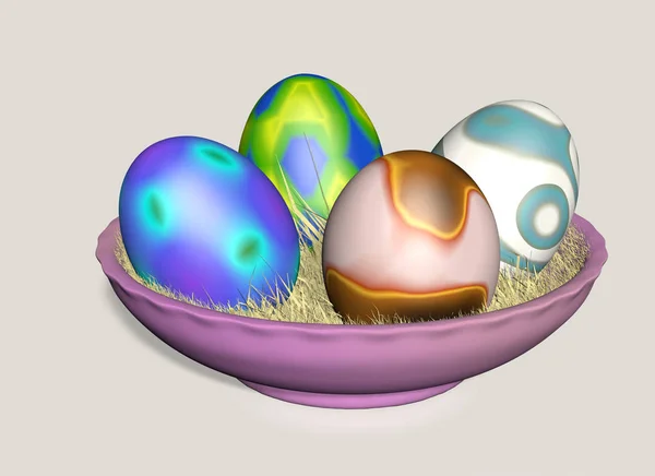 Розовое Пасхальное Блюдо Пасхальными Яйцами Соломенной Кровати — стоковое фото