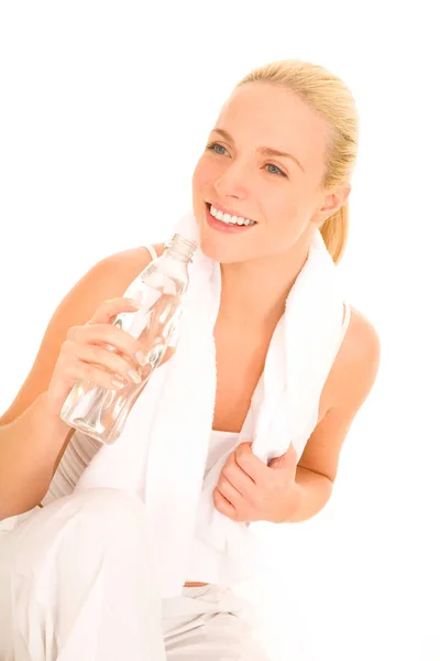 Woman Towel Her Back Drinking — Stock Photo, Image