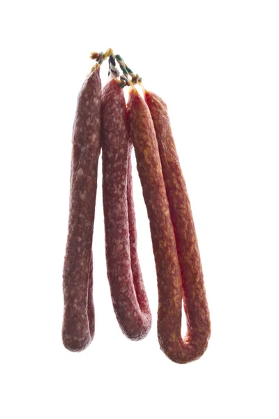 Salsichas Salame Italiano Close Fundo Branco — Fotografia de Stock