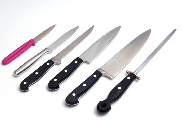 Sharpen Five Different Kitchen Knives Sharpening Steel — Stock Photo, Image