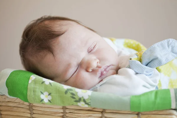 Leányi Aranyos Újszülött Baba Alszik Egy Kosár — Stock Fotó