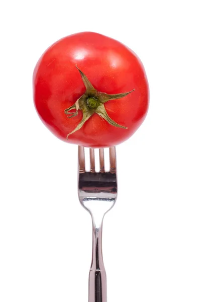 Nabity Czerwony Pomidor Pomidorami Widelcu Zielony — Zdjęcie stockowe