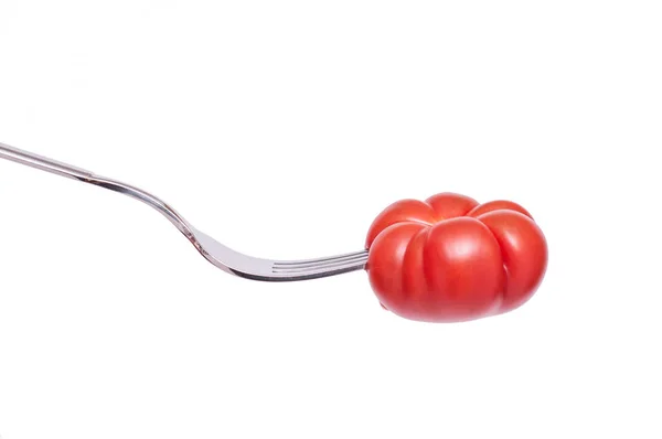 Une Tomate Viande Rouge Sur Une Fourchette — Photo