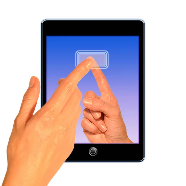 Mão Segurando Tablet Com Caminho Recorte — Fotografia de Stock