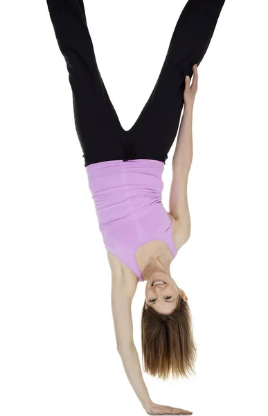 Pretty Woman Doing Handstand Balancing One Hand Isolated White — Stock Photo, Image